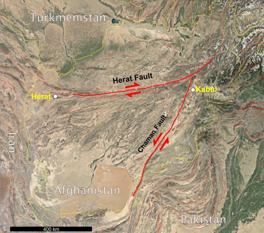 The Major Active Faulting of Afghanistan (red lines from the Global Earthquake Model Active Fault Database) overlaid on mosaic satellite imagery shows the tectonics dominated by the large strike-slip faults of Herat and Chaman which run close to major population centres (white circles).