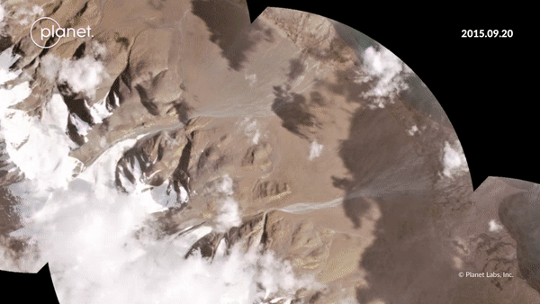 GIF of satellite imagery showing two glacier collapse events in succession