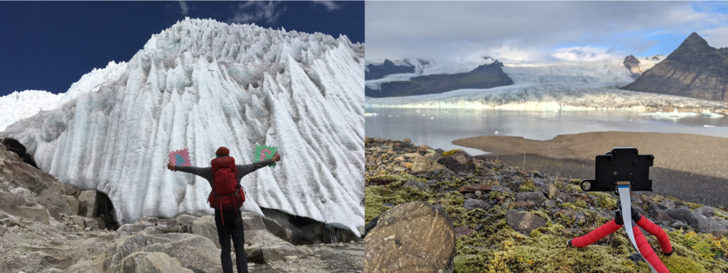 Left picture shows a man in front of a large ice cliff, Right shows a camera sensor looking at a glacier in the background
