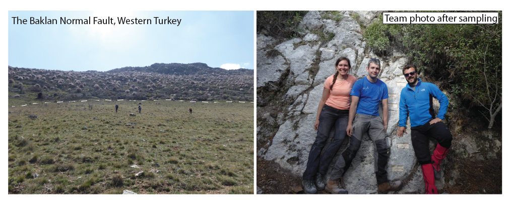 Two photos showing the Baklan fault and a typical sample site