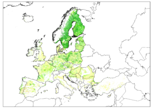 Map of Europe showing land cover types that are favourable to Reeves' muntjac