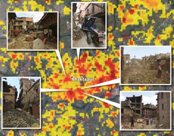 Low-resolution damage proxy map following the 2015 Nepal earthquake. Red is most severe. Credits: NASA / JPL-Caltech / Google / DigitalGlobe / CNES / Astrium / Amy MacDonald / Thornton Tomasetti